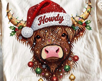 Comfort Colors®  Highland Cow Christmas shirt, Rhinestone Howdy Santa Hat Western Holiday Crystal Mosaic Jewel Farm Animal shirt