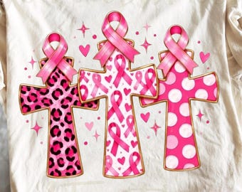 Comfort Colors®  Breast Cancer Awareness Cross shirt, Pink Ribbon Leopard Polka Dots Christian Faith Brushstroke shirt, chirtmas shirt