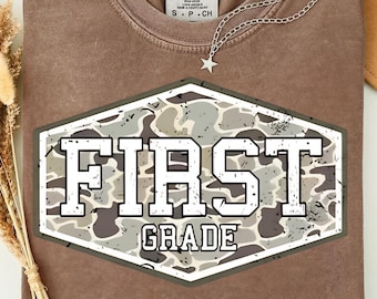 Comfort Colors® First Grade Shirt, Retro Camo Back To School Shirt, Camo First Day Of School Shirt, Old School Camo Shirt, School Boy Shirt