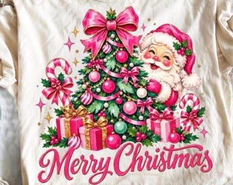 Comfort Colors®  Merry Christmas Santa Tree shirt, Pink Brushstroke Coquette Bow Candy Cane Holiday DTF shirt, Holiday shirt