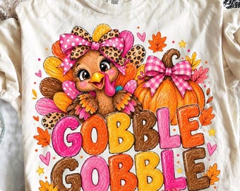 Comfort Colors® Hand Drawn Gobble Turkey shirt, Fall Pumpkin Coquette Bow Thanksgiving Trendy Autumn shirt, Coquette shirt