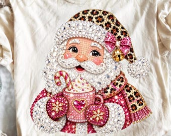 Comfort Colors® Pink Christmas Santa shirt, Rhinestone Leopard Print Crystal Girly Sparkle Holiday shirt, Christmas shirt, Holiday shirt