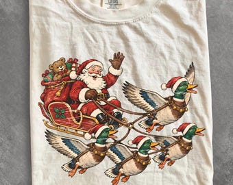 Comfort Colors® Mallard Duck Christmas shirt, Santa Sleigh with Ducks shirt, Vintage Christmas Duck shirt, Retro Santa Holiday shirt