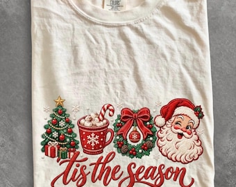 Comfort Colors® Christmas Embroidery shirt, Tis the Season shirt, Vintage Santa shirt, Christmas Tree Wreath Cocoa shirt, Holiday shirt