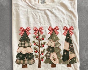 Comfort Colors® Patchwork Christmas Tree shirt, Vintage Quilted Christmas Trees shirt, Primitive Christmas shirt, Gingham Bow Holiday shirt