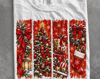 Comfort Colors® Red Retro Christmas shirt, Christmas Tree Coquette Bow Candy Canes Stocking Snowy Holiday Collage shirt, Christmas shirt