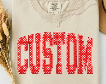Comfort Colors® Custom Name shirt, Personalized Red Polka Dot Name shirt, Name Varsity Letter, Custom Mascot Stripe shirt, Team Spirit shirt