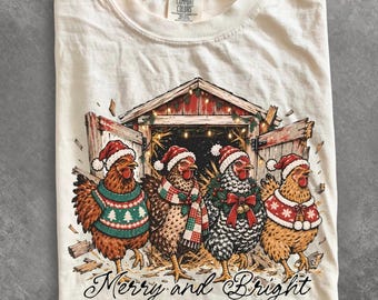 Comfort Colors® Christmas Chicken shirt, Merry and Bright shirt, Vintage Farmhouse Christmas Chickens shirt, Santa Hat Chicken shirt