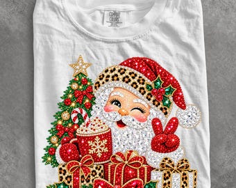 Comfort Colors® Christmas Santa shirt, Rhinestone Leopard Print Crystal Mosaic Jewel Gifts Hot Cocoa Holiday shirt, Christmas shirt