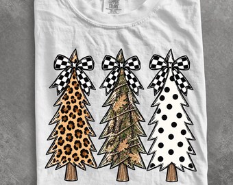 Comfort Colors® Leopard Camo Christmas Tree shirt, Checkered Bow Christmas shirt, Distressed Preppy Holiday shirt, Polka Dot Tree shirt