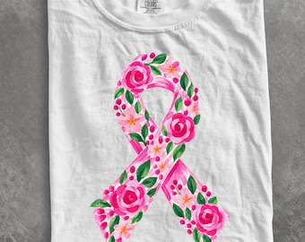 Comfort Colors® Preppy Pink Out shirt, Breast Cancer Awareness Ribbon shirt, Floral Pink Ribbon shirt, Cancer Support shirt, Preppy shirt