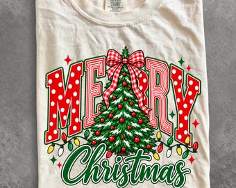Comfort Colors® Merry Christmas shirt, Christmas Tree Red Gingham Bow Polka Dot Holiday shirt, Christmas shirt, Holiday shirt