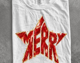 Comfort Colors® Merry Christmas Star shirt, Hand Painted shirt, Red Gold Glitter Christmas shirt, Painted Holiday Star shirt, Trendy Shirt
