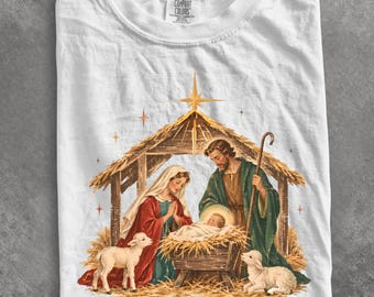 Comfort Colors® Nativity Scene shirt, Holy Family Baby Jesus Lambs Christmas DTF shirt, Christmas shirt, Family shirt, Jesus shirt