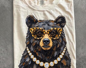 Comfort Colors® Glam Black Bear Shirt, Bling Leopard Print Bear T-Shirt, Boujee Preppy Graphic Tee, Funny Bear Lover Gift for Women
