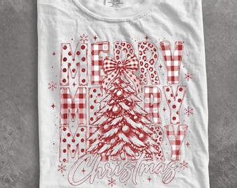 Comfort Colors® Merry Christmas shirt, Black White Preppy Christmas Tree shirt, Leopard Polka Dot Bow shirt, Halftone Holiday shirt
