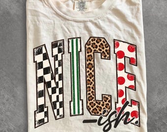 Comfort Colors® Nice Ish shirt, Preppy Christmas shirt, Checkered Leopard Holiday shirt, Distressed Xmas shirt, Funny Christmas Shirt
