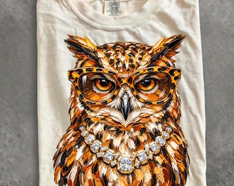 Comfort Colors® Glam Owl Shirt, Bling Leopard Print Great Horned Owl T-Shirt, Boujee Preppy Graphic Tee, Funny Owl Lover Gift for Women