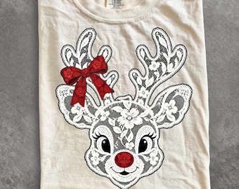 Comfort Colors® Lace Reindeer shirt, Christmas Reindeer shirt, Vintage Lace Deer shirt, Coquette Christmas shirt, Reindeer Bow shirt