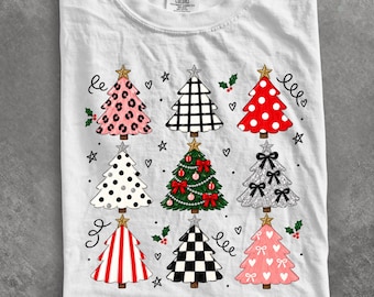 Comfort Colors® Preppy Boho Christmas Trees shirt, Girly Christmas Tree shirt, Leopard Checkered shirt, Coquette Holiday Shirt, Trendy shirt