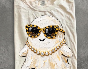 Comfort Colors® Glam Ghost Shirt, Bling Leopard Print Halloween T-Shirt, Boujee Preppy Graphic Tee, Girly Spooky Season Gift for Women
