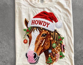 Comfort Colors® Christmas Horse shirt, Rhinestone Santa Hat Western Holiday Crystal Mosaic Jewel Farm Animal shirt, Christmas shirt