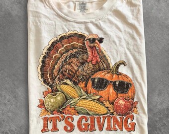 Comfort Colors® It's Giving Thanksgiving shirt, Vintage Turkey Pumpkin Sunglasses shirt, Retro Thanksgiving shirt, Distressed Fall shirt