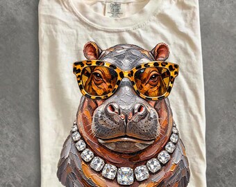 Comfort Colors® Glam Hippopotamus Shirt, Bling Leopard Print Hippo T-Shirt, Boujee Preppy Graphic Tee, Funny Hippo Lover Gift for Women