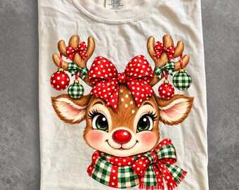 Comfort Colors® Christmas Reindeer shirt, Girly Red Polka Dot Bow Gingham Holiday Deer shirt, Christmas shirt, Holiday shirt