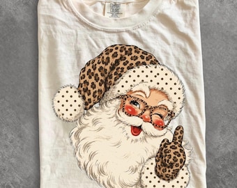 Comfort Colors® Leopard Santa shirt, Winking Santa Christmas shirt, Retro Santa Face shirt, Polka Dot Holiday shirt, Christmas shirt