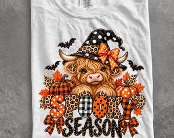 Comfort Colors® Spooky Season Highland Cow shirt, Leopard Pumpkin Witch Hat Halloween shirt, Pumpkin shirt, Spooky shirt, Witch shirt