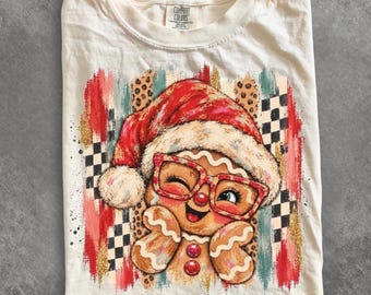 Comfort Colors® Preppy Christmas Gingerbread shirt, Retro Gingerbread Face shirt, Checker Leopard Brush shirt, Distressed Holiday shirt