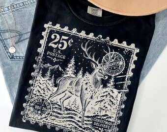 Comfort Colors® Vintage Christmas Reindeer shirt, Christmas Postage Stamp shirt, North Pole Deer shirt, Christmas Distressed shirt
