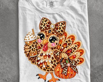Comfort Colors® Thanksgiving Boujee Turkey shirt, Rhinestone Leopard Bling Pumpkin Coffee Luxury Glam DTF shirt, Thanksgiving shirt