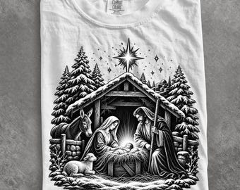 Comfort Colors® Nativity Scene shirt, Vintage Halftone Holy Family Christmas White Ink DTF shirt, Christmas shirt, Vintage shirt