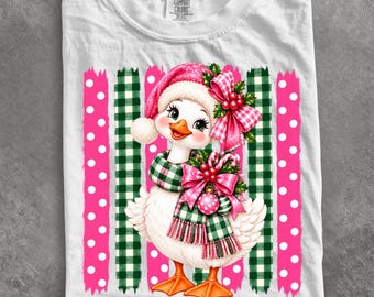 Comfort Colors® Christmas Goose shirt, Pink Polka Dots Plaid Xmas Duck Coquette Bow Holiday shirt, Christmas shirt, Coquette shirt