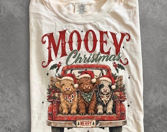 Comfort Colors® Mooey Christmas shirt, Highland Cow Christmas Truck shirt, Retro Holiday Cow shirt, Christmas Cow shirt, Western Shirt