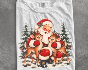 Comfort Colors® Vintage Santa Hugging Reindeer shirt, Christmas Halftone shirt, Distressed Santa Claus shirt, Nostalgic Christmas shirt