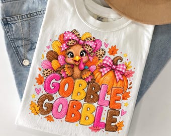 Comfort Colors® Hand Drawn Gobble Turkey shirt, Fall Pumpkin Coquette Bow Thanksgiving Trendy Autumn shirt, Coquette shirt