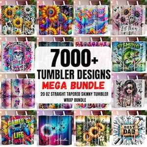 May include: A collection of 20 oz straight tapered skinny tumblers with various designs. The designs include sunflowers, butterflies, a cruise ship, floral patterns, a skull, a fishing scene, a woman with sunglasses, a video game controller, and text that says "Best Dad".