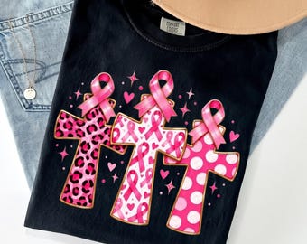 Comfort Colors®  Breast Cancer Awareness Cross shirt, Pink Ribbon Leopard Polka Dots Christian Faith Brushstroke shirt, chirtmas shirt
