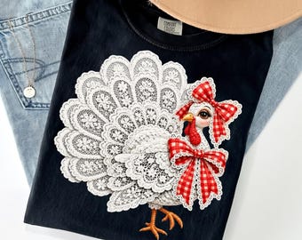 Comfort Colors®  Lace Turkey shirt, Thanksgiving Vintage Cottagecore Red Gingham Bow Coquette Fall Trendy Autumn shirt, Vintage shirt