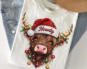 Comfort Colors®  Highland Cow Christmas shirt, Rhinestone Howdy Santa Hat Western Holiday Crystal Mosaic Jewel Farm Animal shirt