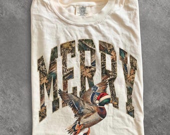 Comfort Colors® Mallard Duck Christmas shirt, Merry Camo shirt, Santa Hat Duck shirt, Hunting Christmas shirt, Distressed Holiday shirt
