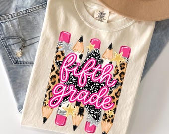 Comfort Colors® Fifth Grade Shirt, Preppy Back To School Pencil Shirt, Leopard Checkered Teacher Shirt, School Girl tee, School Spirit Shirt
