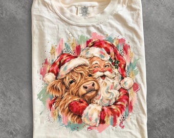 Comfort Colors® Santa Highland Cow Christmas shirt, Vintage Christmas Cow shirt, Retro Santa Cow shirt, Western Holiday shirt