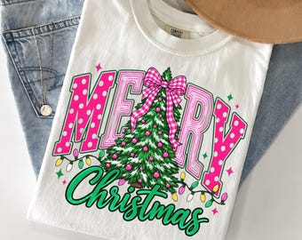 Comfort Colors® Merry Christmas shirt, Pink Xmas Tree Holiday Preppy Girly shirt, Trending shirt, Preppy shirt, Christmas shirt