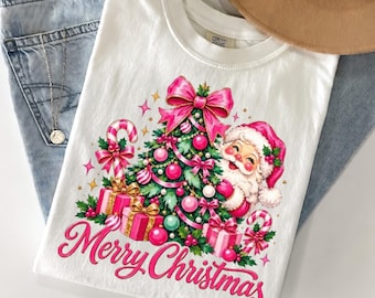 Comfort Colors®  Merry Christmas Santa Tree shirt, Pink Brushstroke Coquette Bow Candy Cane Holiday DTF shirt, Holiday shirt