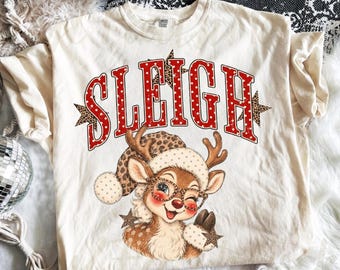 Comfort Colors® Preppy Reindeer shirt, Winking Christmas Deer shirt, Christmas shirt, Leopard Reindeer shirt, Distressed Holiday shirt