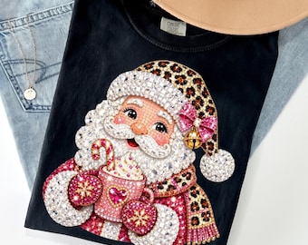 Comfort Colors® Pink Christmas Santa shirt, Rhinestone Leopard Print Crystal Girly Sparkle Holiday shirt, Christmas shirt, Holiday shirt